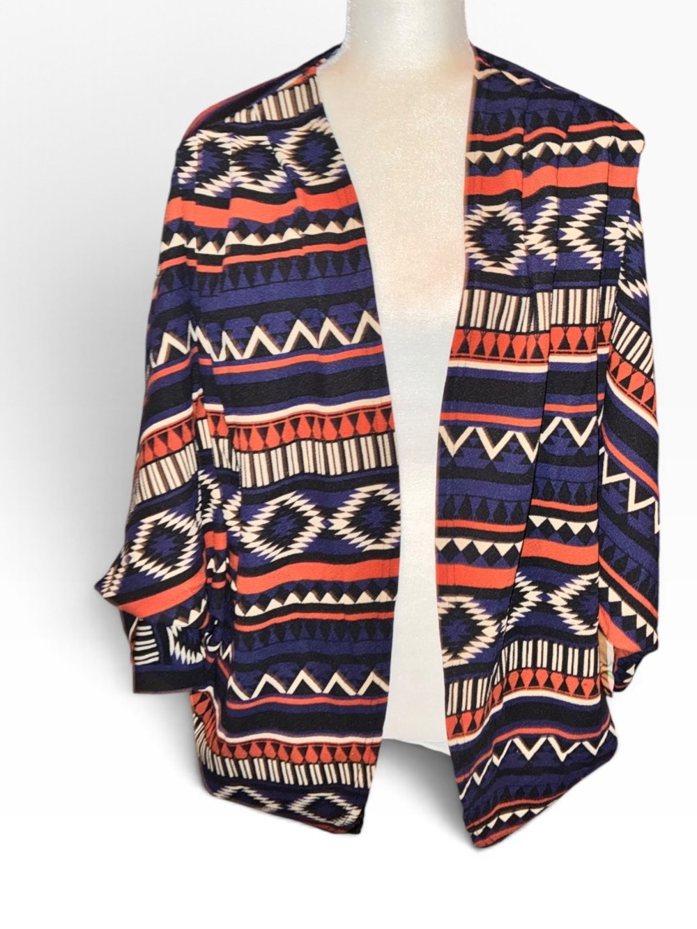 Boohoo Navy and Coral Aztec Open-Front Cardigan